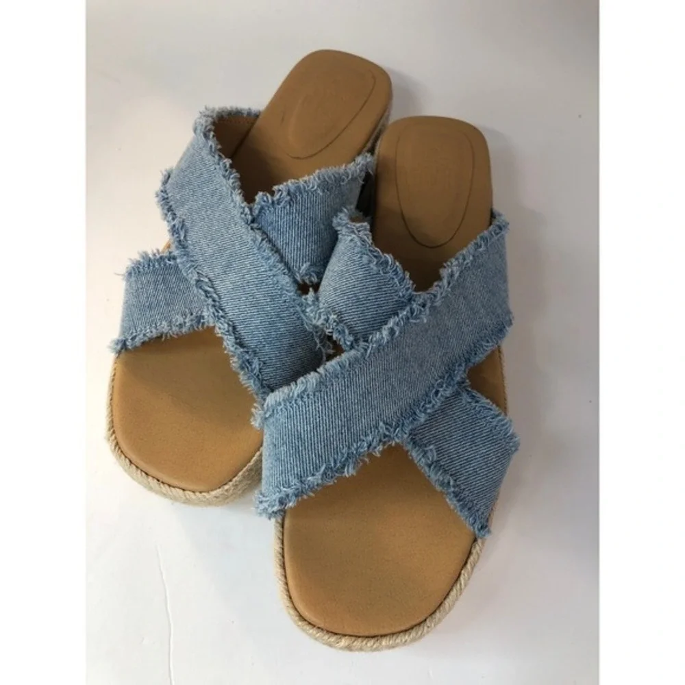 Gap Size‎ 8 Denim Espadrille Platform Slides Wind Blue Frayed Crisscross Sandals